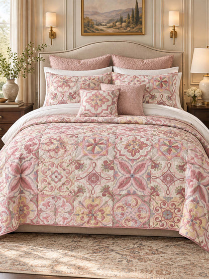 Pink Mediterranean Floral Tile Quilted 3-Piece Bedding Set