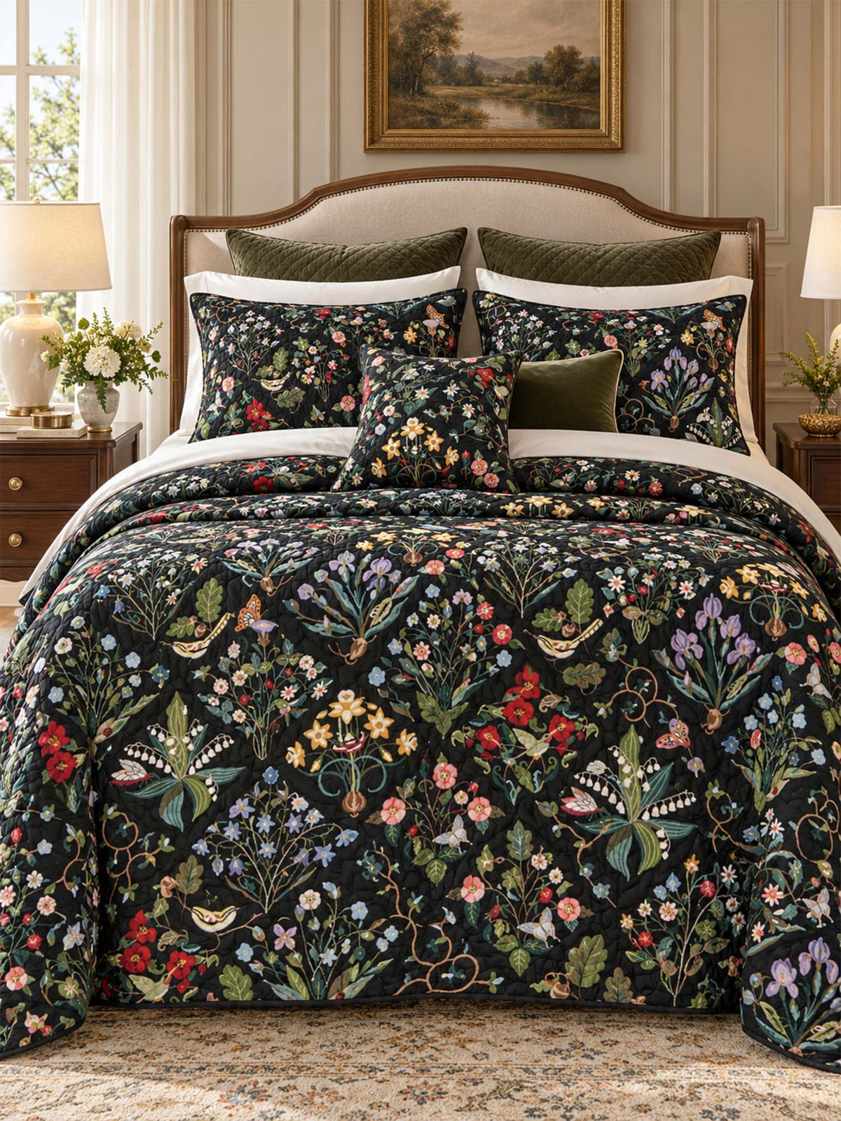 Midnight Butterfly Wildflower Garden Quilted 3-Piece Bedding Set