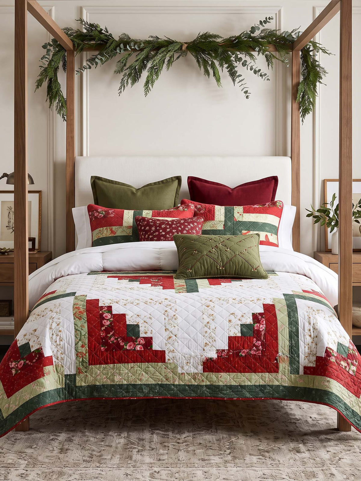 Vintage Floral Log Cabin Patchwork 100% Cotton Quilted 3-Piece Bedding Set