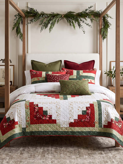 Vintage Floral Log Cabin Patchwork 100% Cotton Quilted 3-Piece Bedding Set