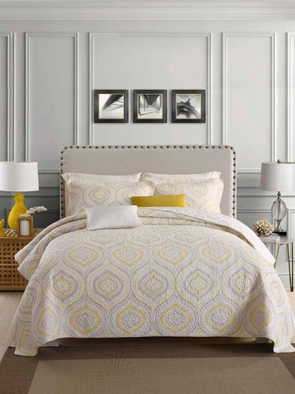 Yellow Grey Geometric Ogee Pattern Quilted 3‑Piece Bedding Set