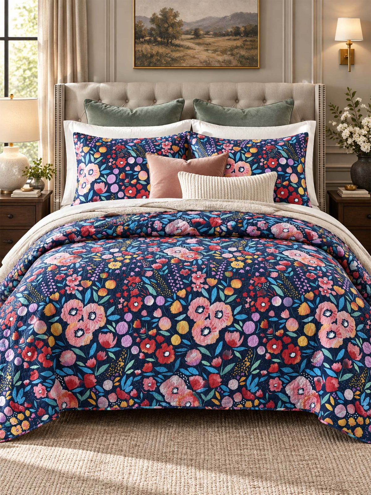 Wildflower Garden Reversible 100% Cotton Quilted 3-Piece Bedding Set