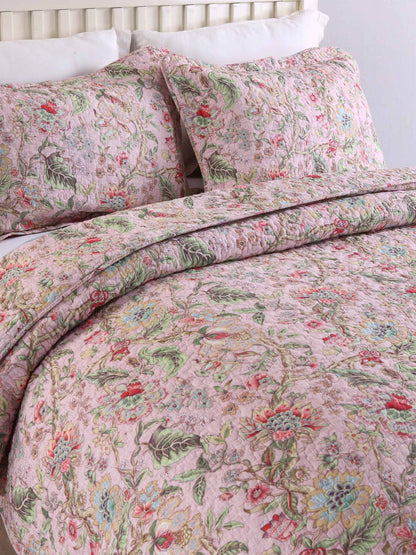 Soft Pink Country Botanical Floral Print Quilted 3‑Piece Bedding Set
