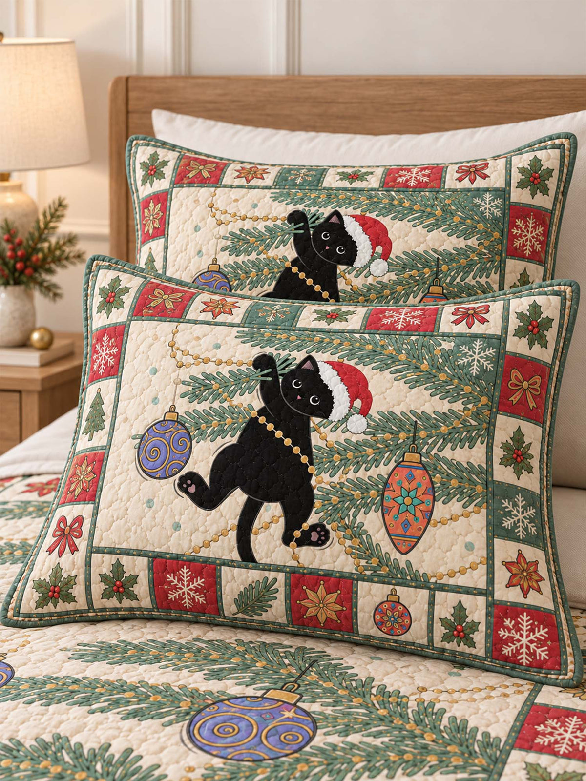 Festive Black Cat Christmas Quilted 3-Piece Bedding Set