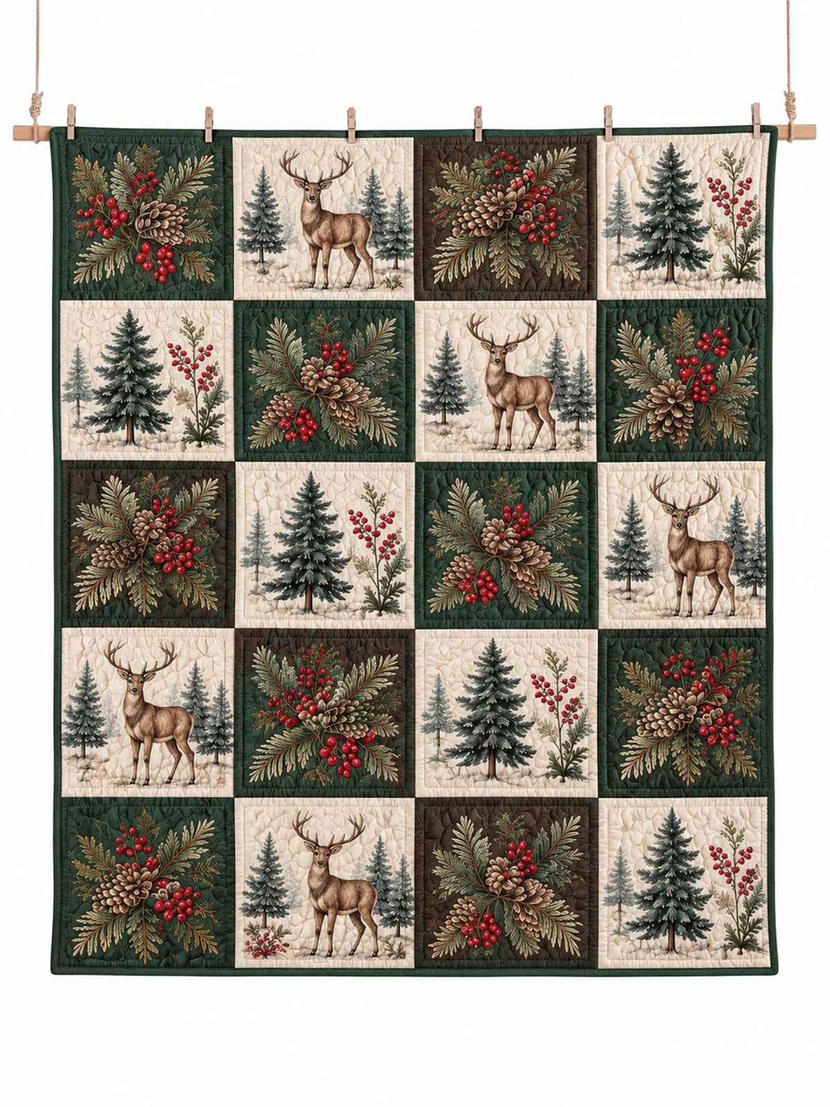 Christmas Deer & Pinecone Forest Quilted 3-Piece Bedding Set