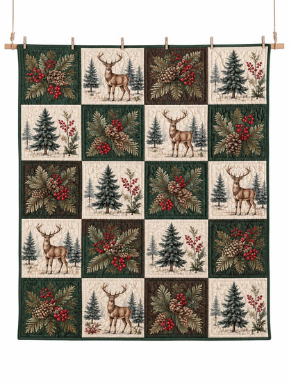 Christmas Deer & Pinecone Forest Quilted 3-Piece Bedding Set