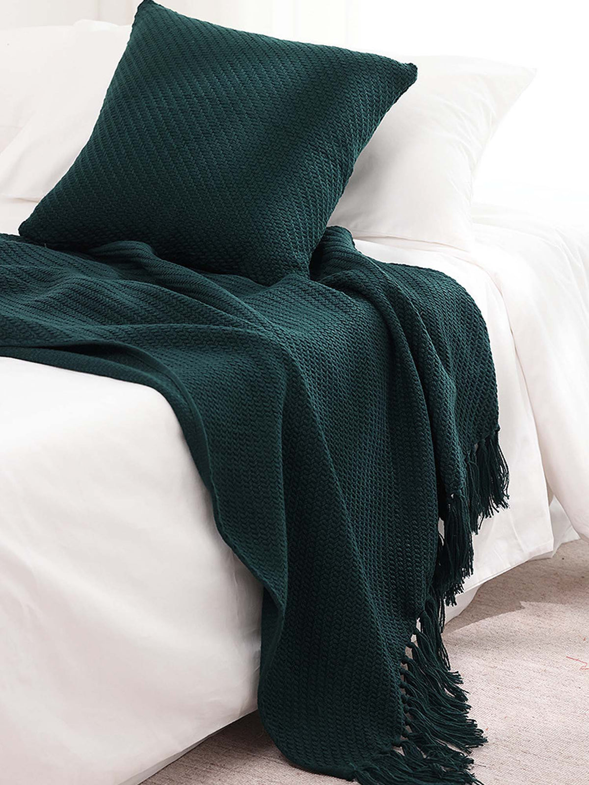 Textured Fringe Knitted Throw Blanket & Pillow Cover Set