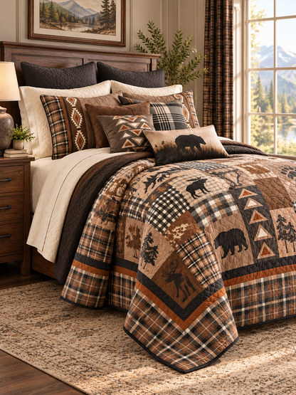 Rustic Bear and Bison Patchwork Quilted 3-Piece Bedding Set