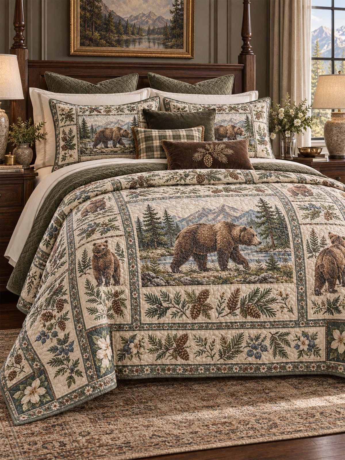 Mountain Bear Pine Forest Quilted 3-Piece Bedding Set