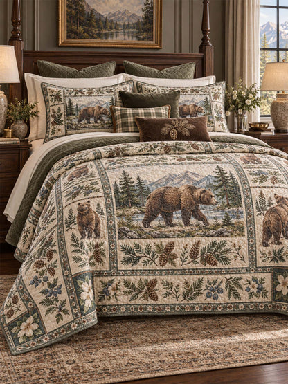 Mountain Bear Pine Forest Quilted 3-Piece Bedding Set