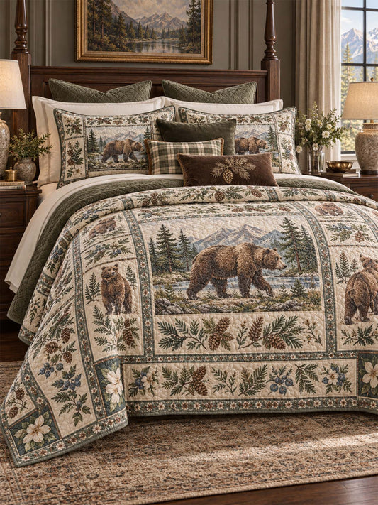 Mountain Bear Pine Forest Quilted 3-Piece Bedding Set