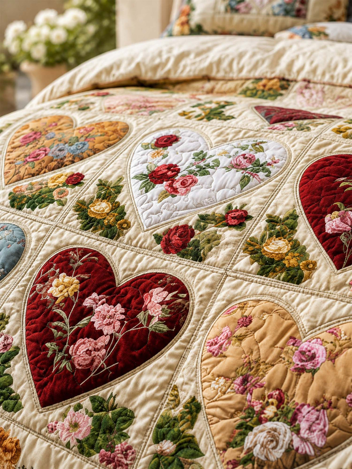 H.PAI Vintage Heart Floral Quilted 3-Piece Bedding Set