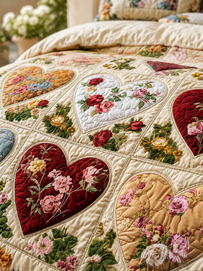 H.PAI Vintage Heart Floral Quilted 3-Piece Bedding Set