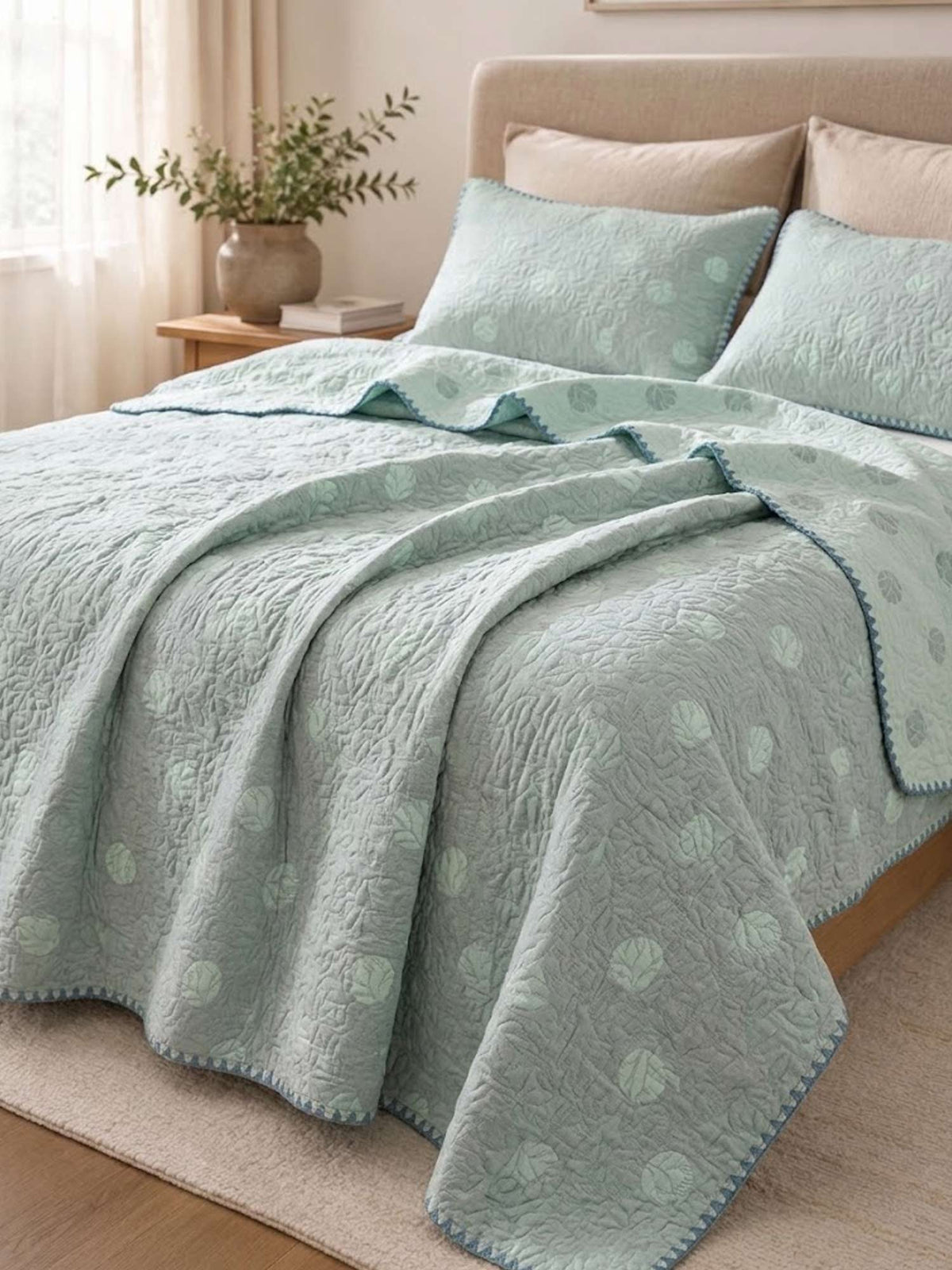 Vintage Sage Green Leaf Jacquard Quilted Throw Three‑Layer Gauze Cotton Blanket