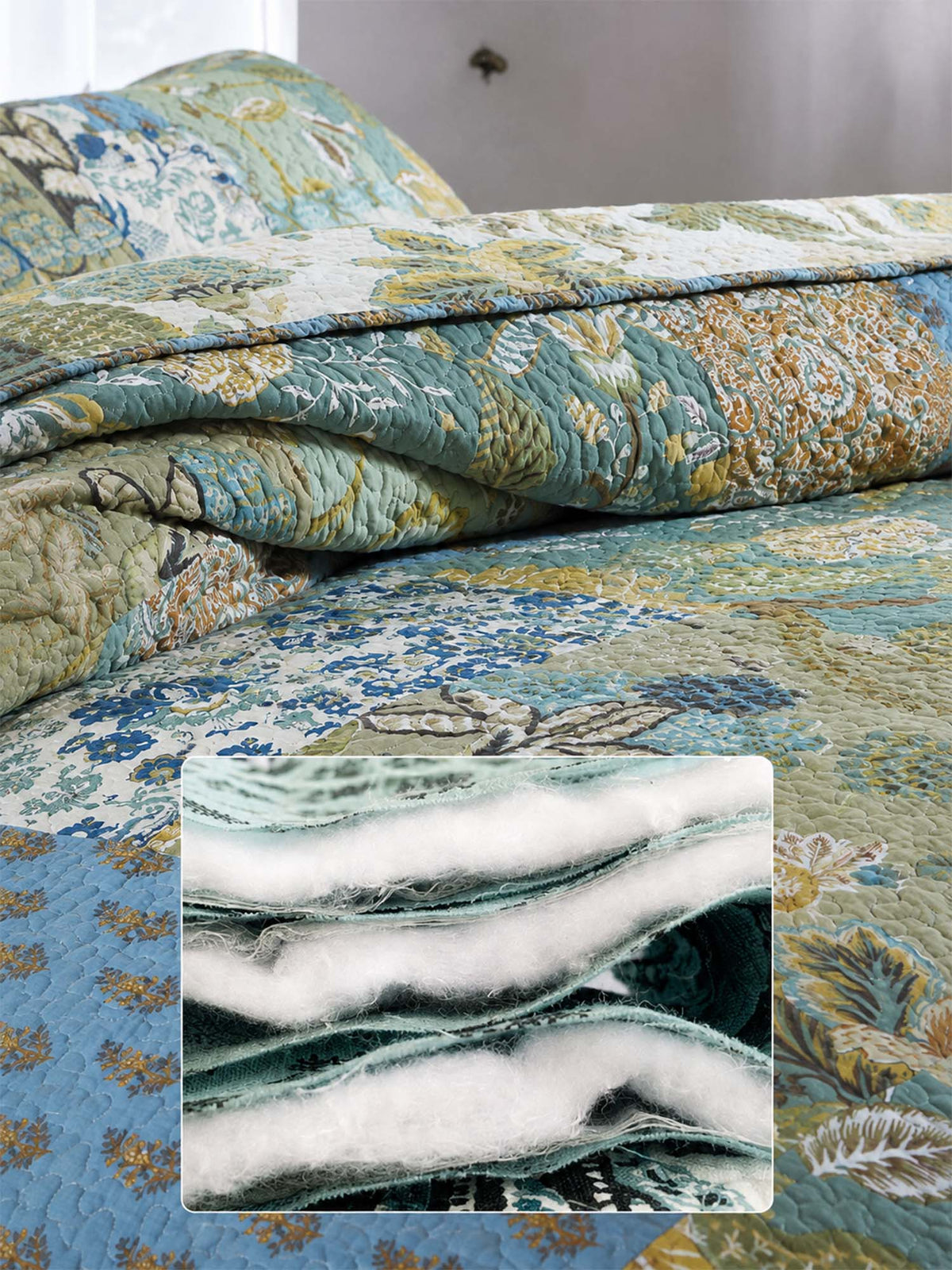Sage Botanical Patchwork Quilted 3-Piece Cotton Bedding Set