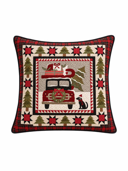Vintage Christmas Red Truck & Black Cat Plaid Quilted Pillow Cover