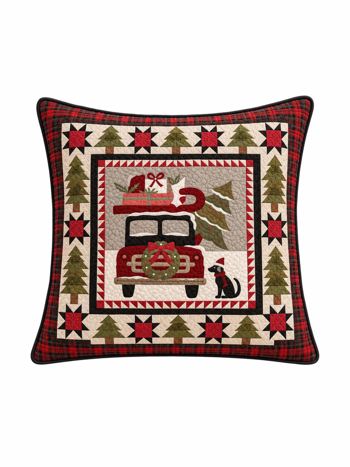 Vintage Christmas Red Truck & Black Cat Plaid Quilted Pillow Cover