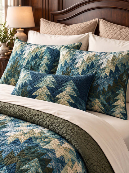 Rustic Pine Forest Blue Green Patchwork Quilted 3-Piece Bedding Set