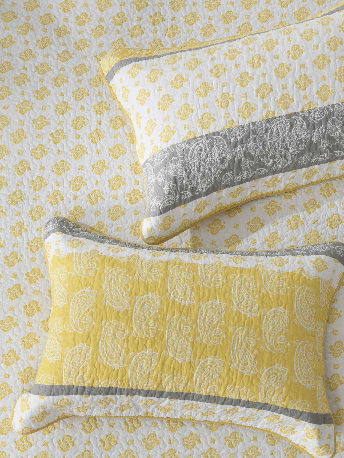Yellow Grey Paisley Stripe Quilted 3‑Piece Bedding Set