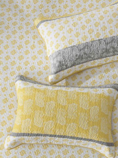 Yellow Grey Paisley Stripe Quilted 3‑Piece Bedding Set