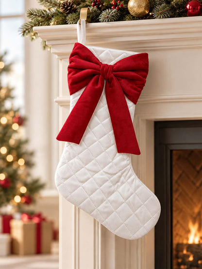 Quilted White Christmas Stocking with Red Velvet Bow