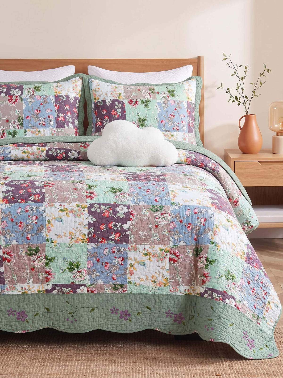 Sage Floral Patchwork Quilted 3-Piece Bedding Set