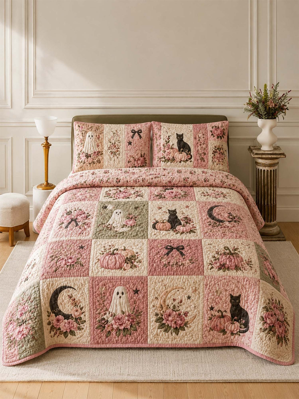 H.PAI Pumpkin Cat Ghost Garden Quilted 3-Piece Bedding Set