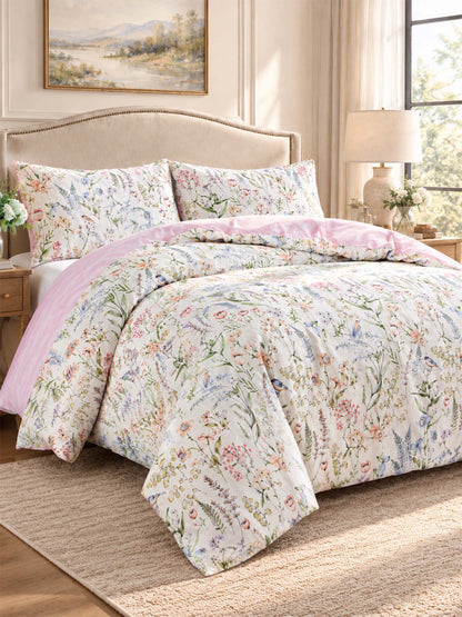 Vintage Botanical Floral Bird 100% Cotton 3-Piece Duvet Cover Bedding Set