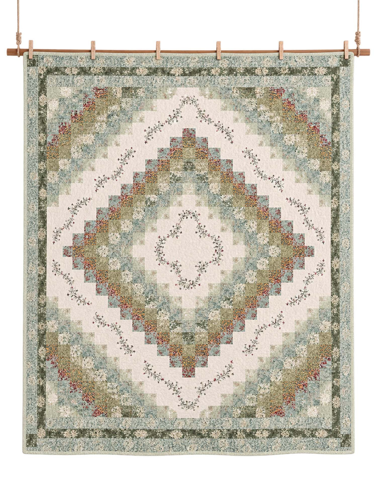 Sage Floral Patchwork Embroidered 100% Cotton Quilted 3-Piece Bedding Set