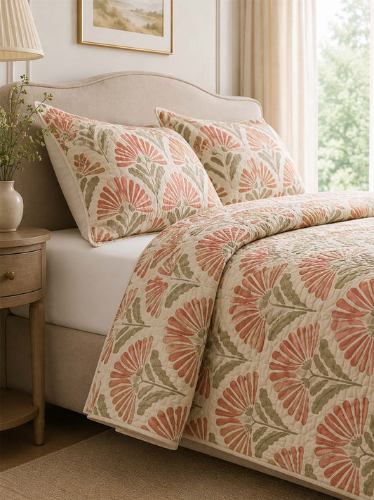 H.PAI Coral Botanical Bloom Quilted 3-Piece Bedding Set