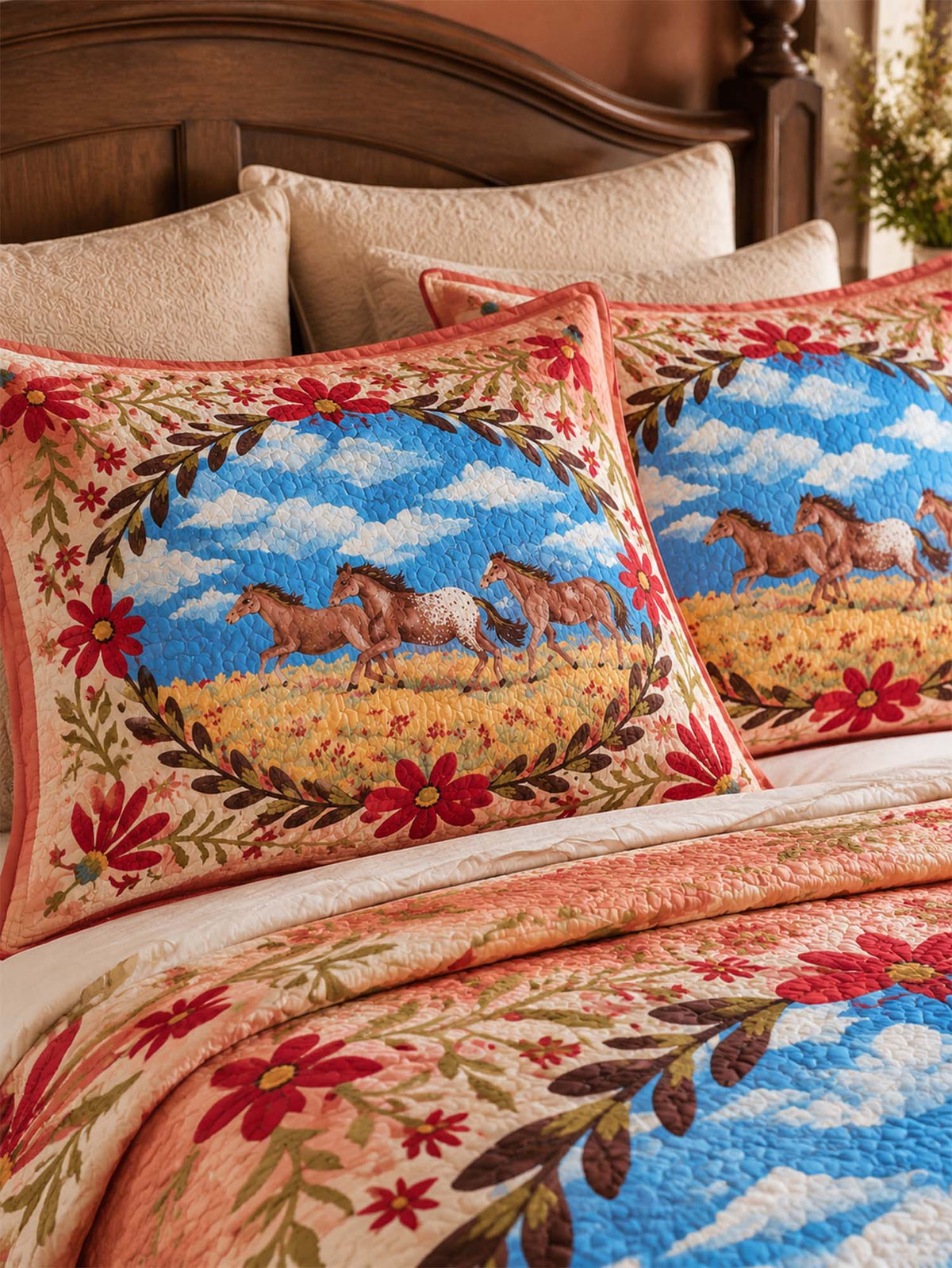 Western Horse Floral Quilted 3-Piece Bedding Set