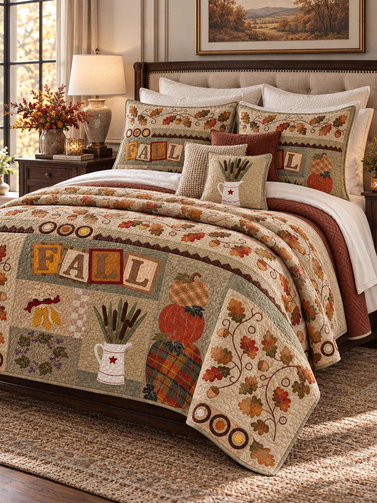 Fall Pumpkin Harvest Patchwork Quilted 3-Piece Bedding Set