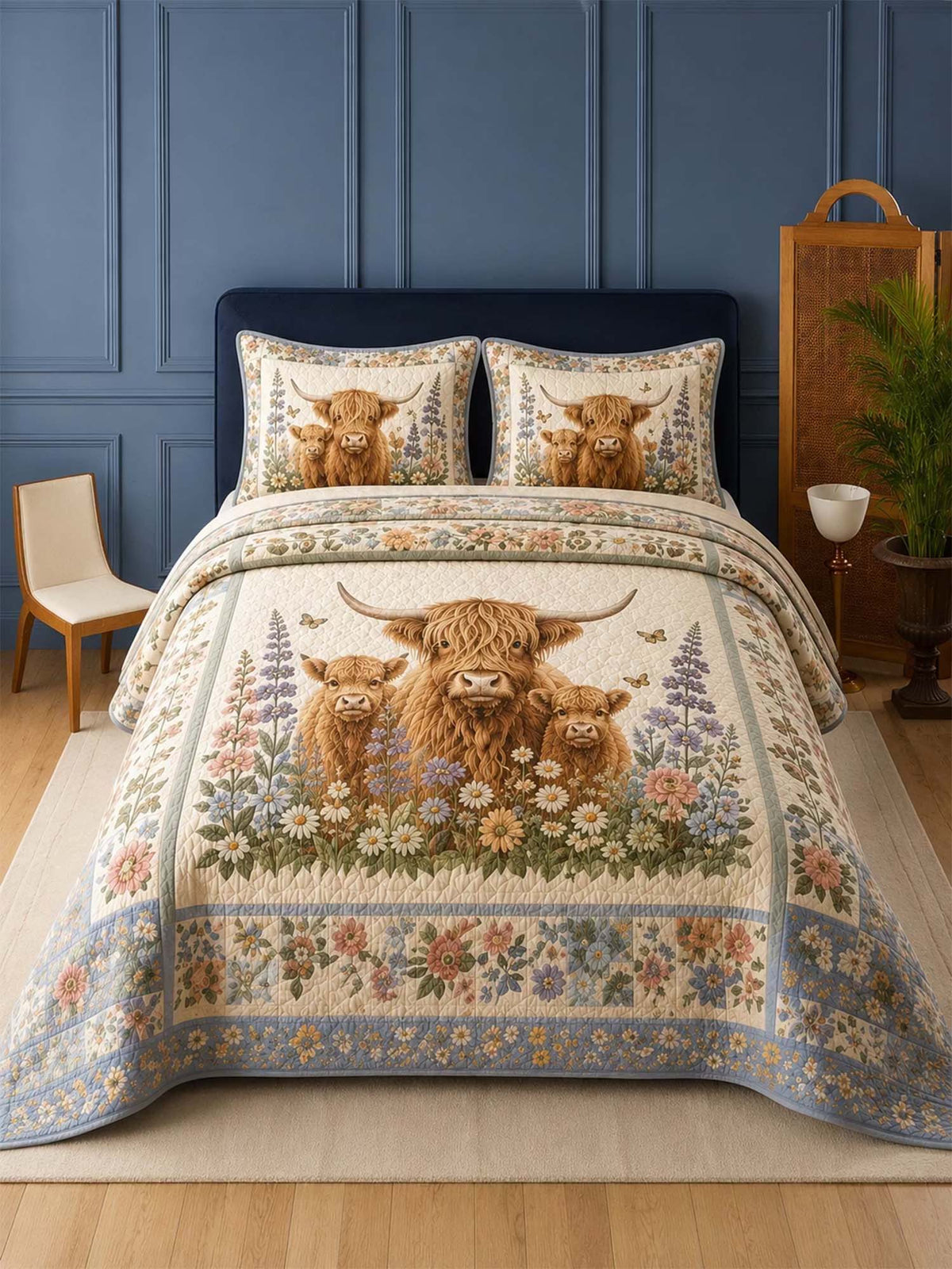 H.PAI Garden Highland Cow Gathering 3-Piece Quilted Bedding Set