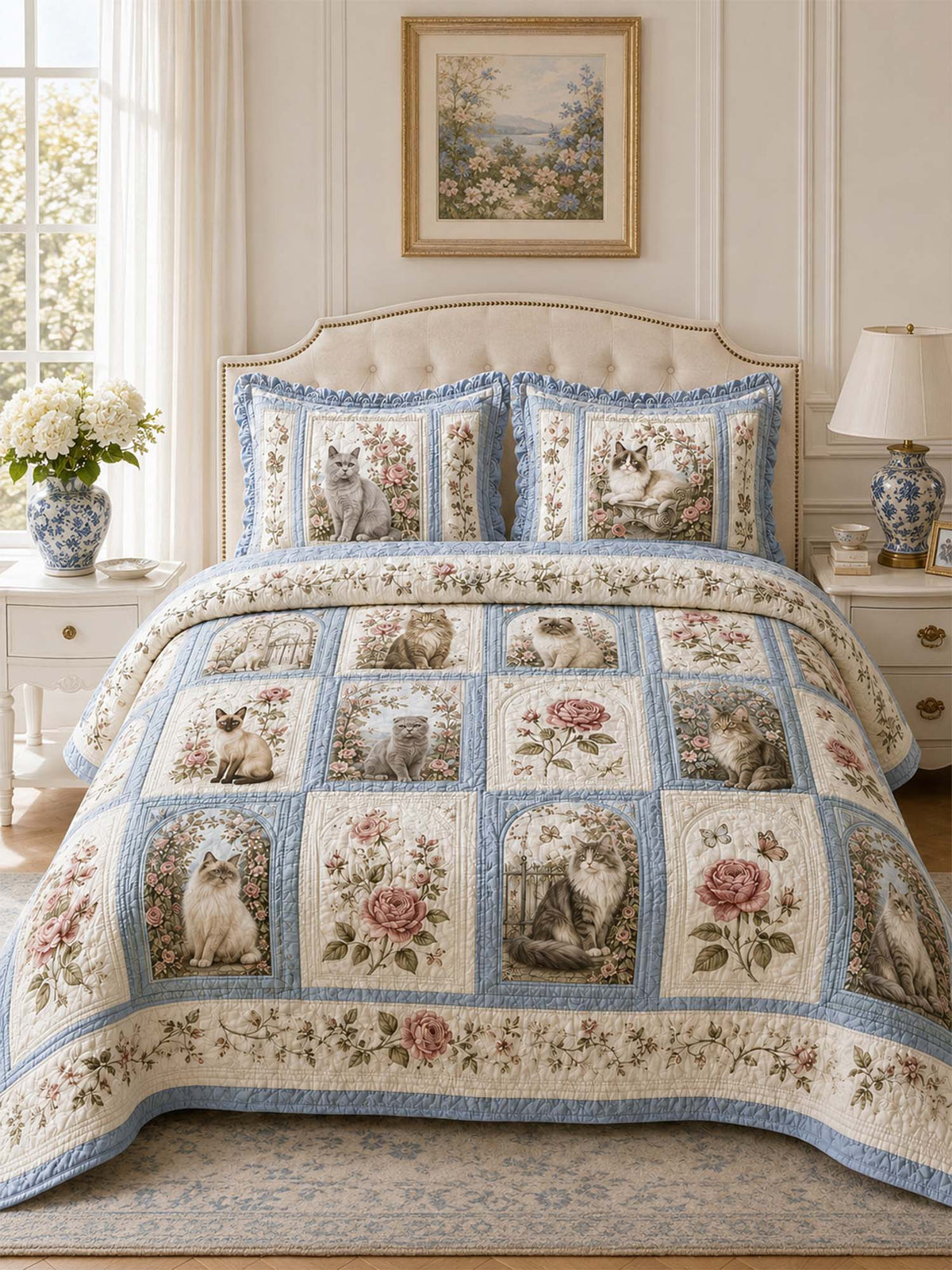 H.PAI Vintage Rose Cat Garden Quilted 3-Piece Bedding Set