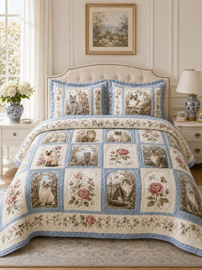 H.PAI Vintage Rose Cat Garden Quilted 3-Piece Bedding Set