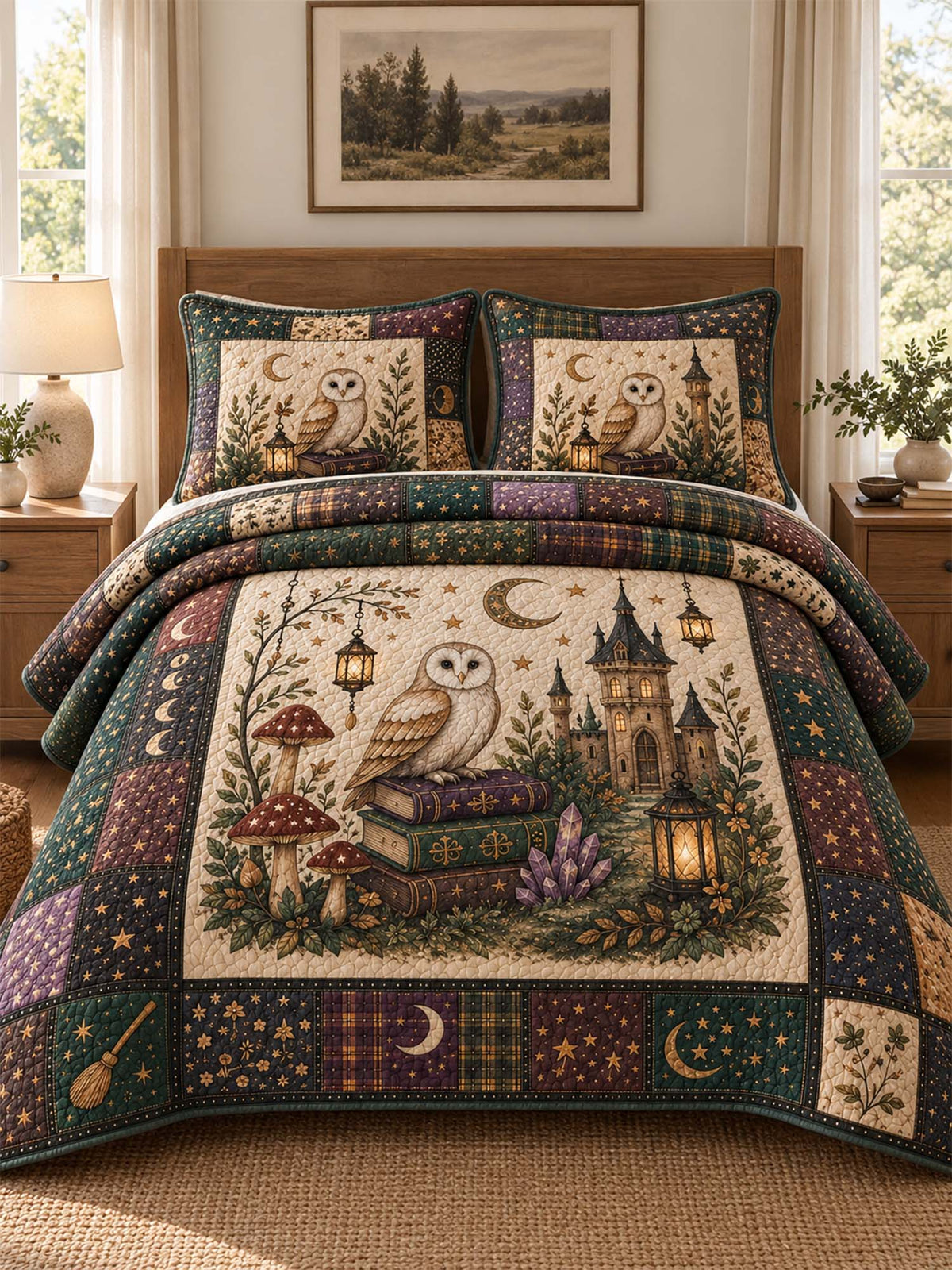 Woodland Owl Mushroom Crystal Castle Quilted 3‑Piece Bedding Set