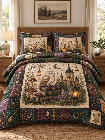Woodland Owl Mushroom Crystal Castle Quilted 3‑Piece Bedding Set