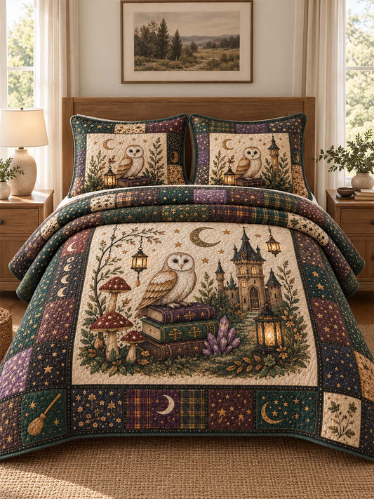Woodland Owl Mushroom Crystal Castle Quilted 3‑Piece Bedding Set