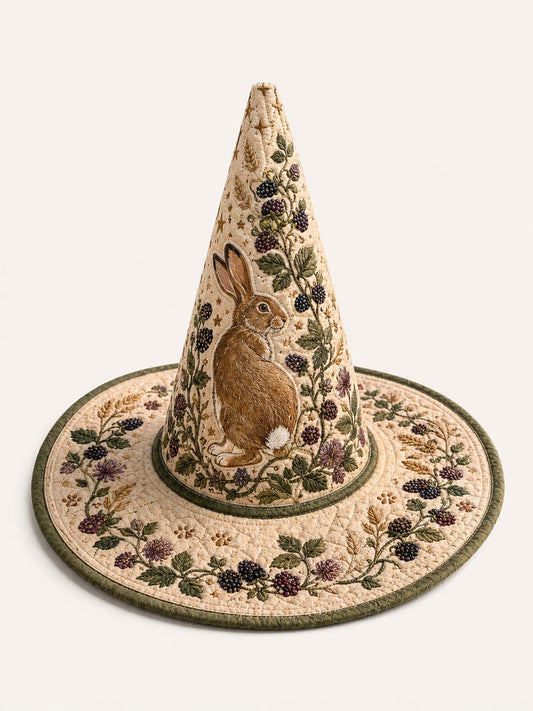 H.PAI Woodland Rabbit Cottagecore Botanical Handcrafted Quilted Witch Hat