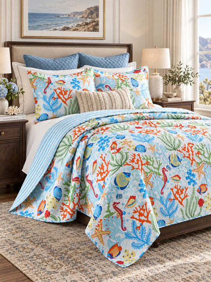 Coastal Coral Reef Reversible 100% Cotton Quilted 3-Piece Bedding Set