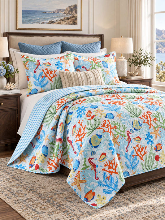 Coastal Coral Reef Reversible 100% Cotton Quilted 3-Piece Bedding Set
