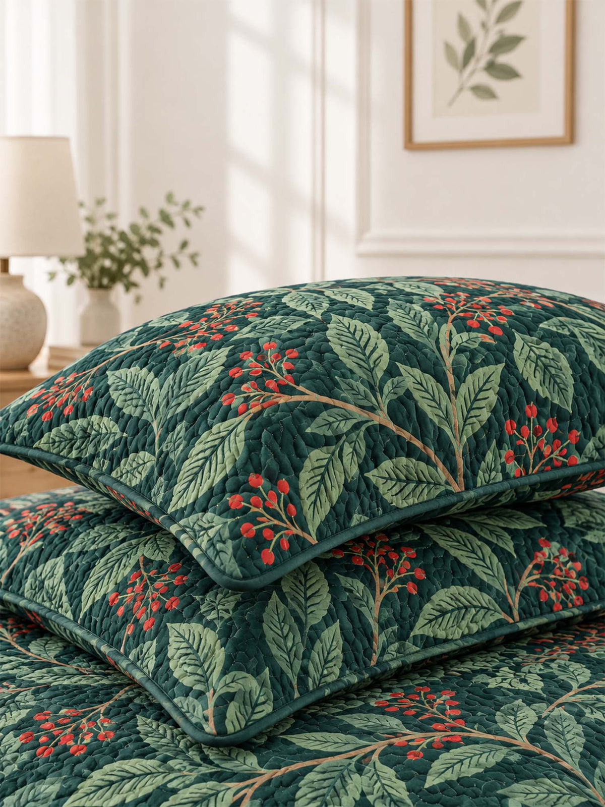 Poinsettia Botanical Christmas Reversible Quilted 3-Piece Bedding Set