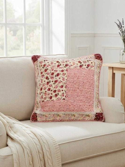 Pink Rose Floral Patchwork Quilted Pillow Cover