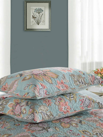 Teal Blue Vintage Garden Harvest Floral Patchwork Quilted 3‑Piece Bedding Set