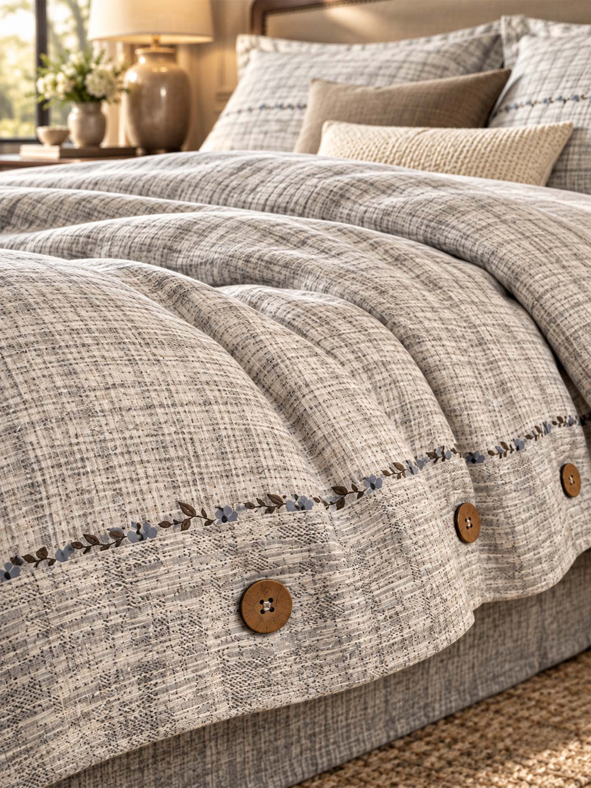 Vintage Botanical Leaf Linen 4-Piece Duvet Cover Bedding Set