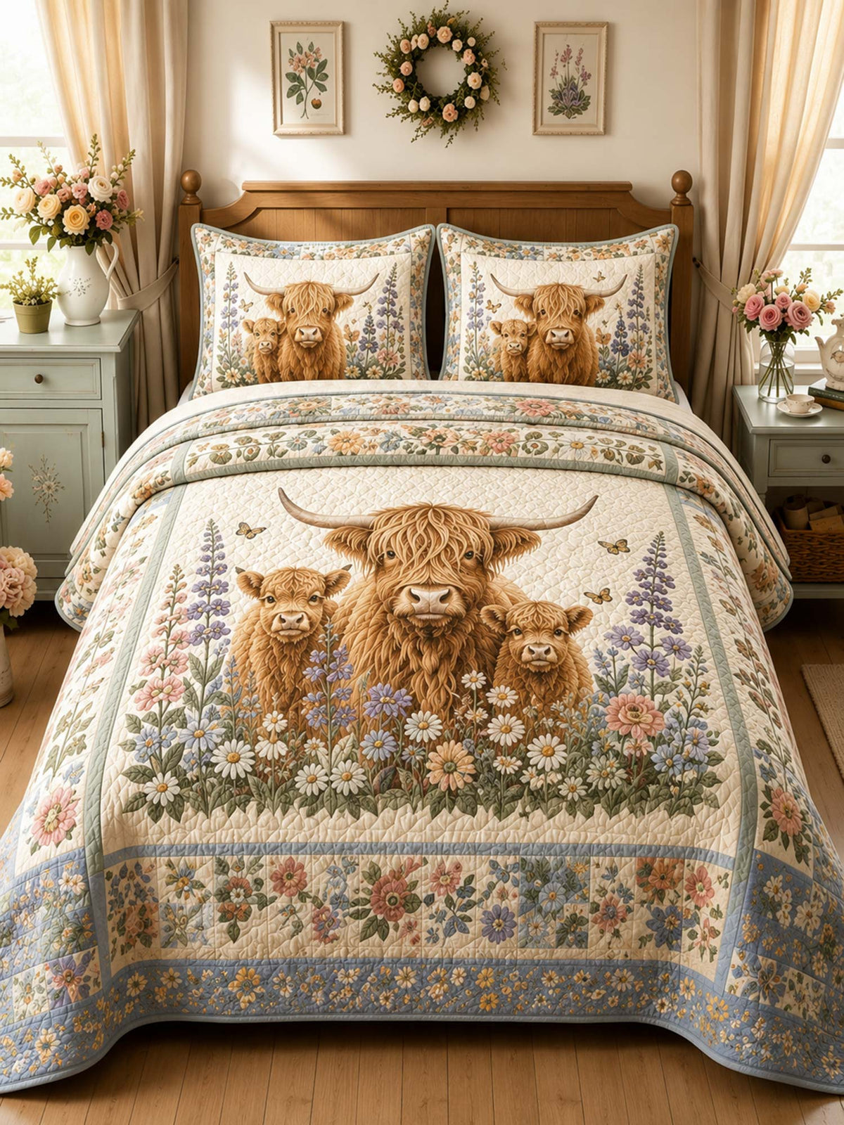 H.PAI Garden Highland Cow Gathering 3-Piece Quilted Bedding Set