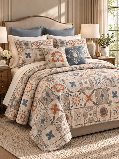 Terracotta Blue Mosaic Tile Patchwork Quilted 3-Piece Bedding Set