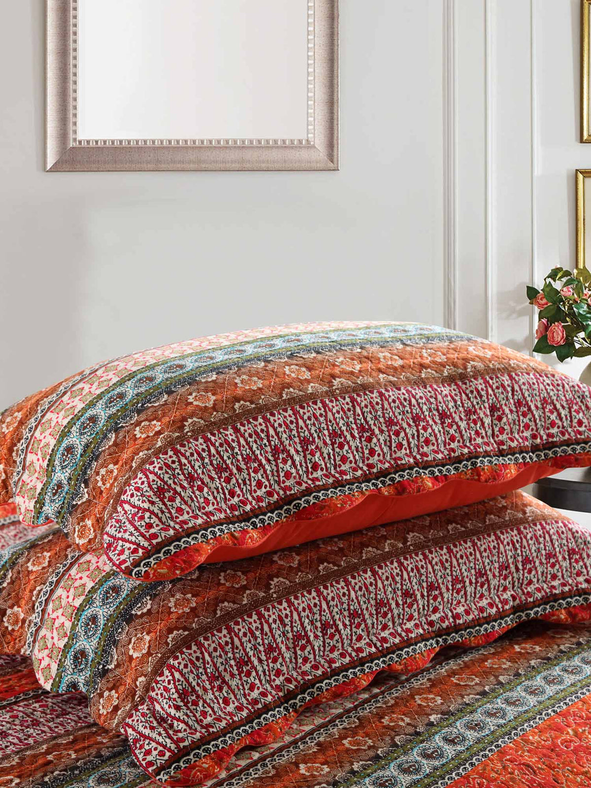 Rust Orange Bohemian Striped Patchwork Quilted 3‑Piece Bedding Set