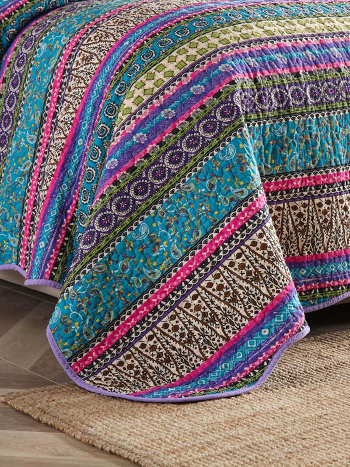 Turquoise Boho Stripe Quilted 3-Piece Bedding Set