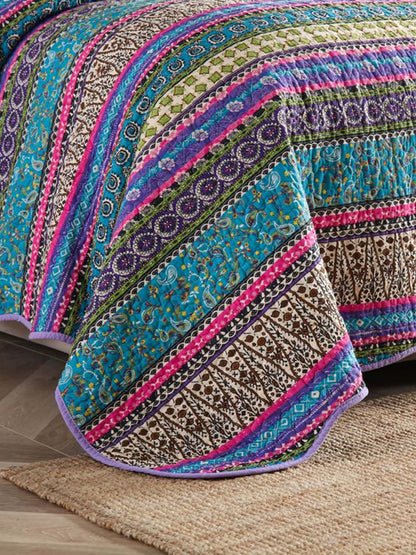 Turquoise Boho Stripe Quilted 3-Piece Bedding Set